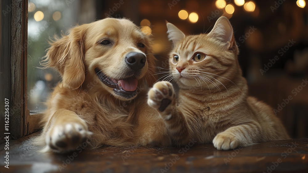 playful golden retriever and ginger tabby cat enjoying time together playful golden retriever and ginger tabby cat enjoying time together