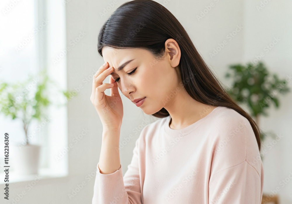 Young woman suffering from a headache: Generated image Young woman suffering from a headache: Generated image