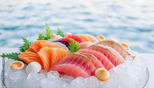Fresh Sashimi Platter on Ice with Ocean View