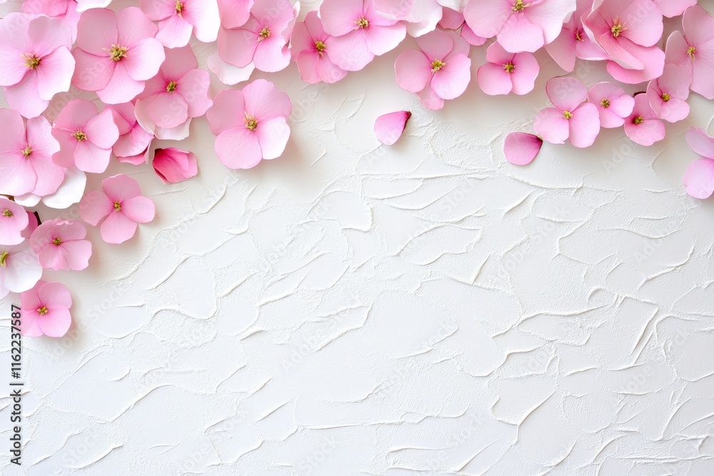 Obraz premium Pink Blossoms on White Texture - Delicate pink flowers, floral border, textured background, springtime, elegance.