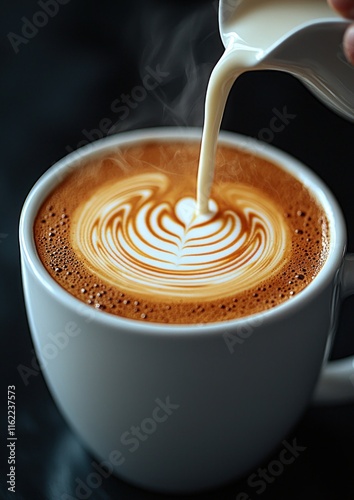 A steaming cup of coffee with intricate latte art being poured.
