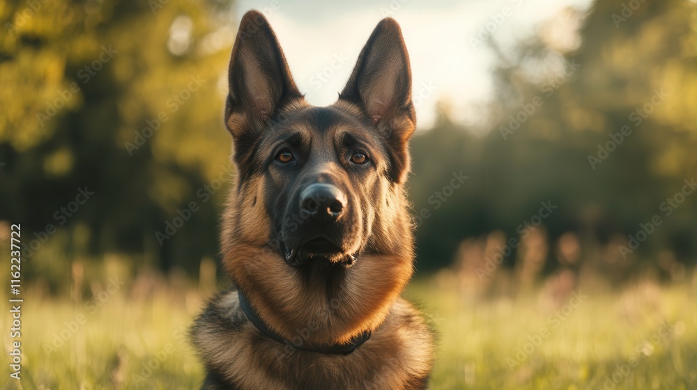 Naklejka premium Dog Sitting in Grassy Field Under Natural Light