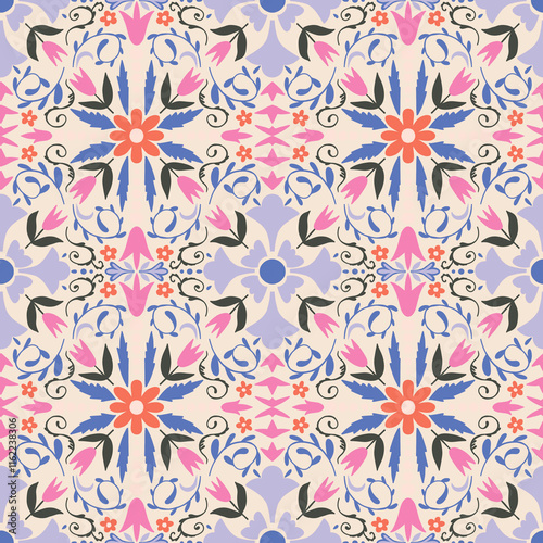 Square Tile seamless pattern. Floral tile seamless print. Botanical tile ornament.  Perfect for textiles, wallpapers, gift wrapping, packaging, and creative crafts projects.