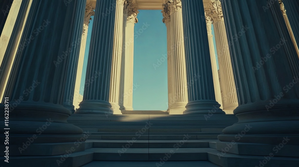 Majestic Courthouse Exterior with Grand Entrance, Columns, and Steps; Architectural Beauty, Natural Light, and Symmetry in Legal Justice Majestic Courthouse Exterior with Grand Entrance, Columns, and Steps; Architectural Beauty, Natural Light, and Symmetry in Legal Justice