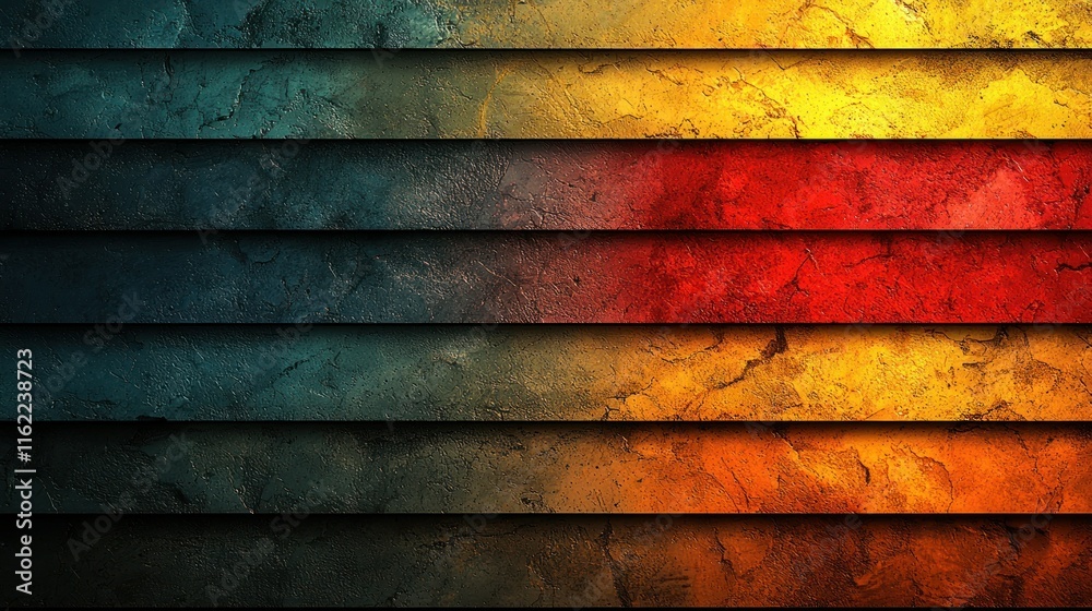 Abstract textured horizontal stripes in teal, red, orange, and yellow hues. Abstract textured horizontal stripes in teal, red, orange, and yellow hues.