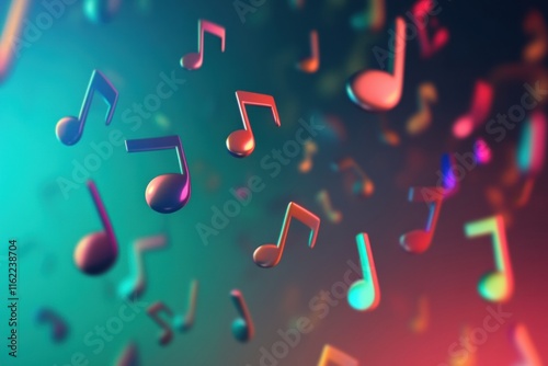 Colorful 3D music notes floating in vibrant space create an artistic and lively atmosphere for any music lover. Generative AI