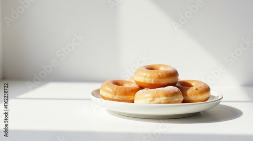 Sweet glazed donuts arranged on a plate in bright sunlight