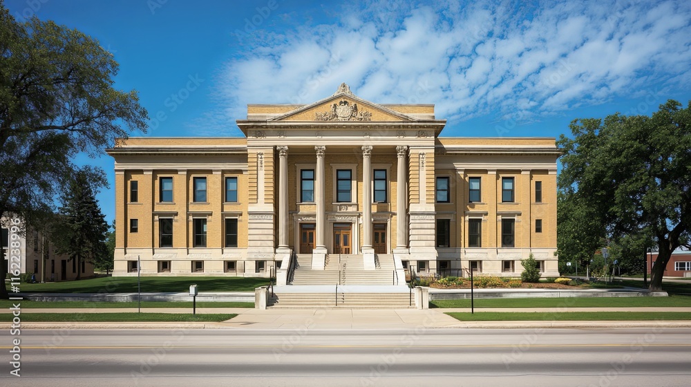 Naklejka premium Majestic Courthouse Exterior with Grand Entrance, Columns, and Steps; Architectural Beauty, Natural Light, and Symmetry in Legal Justice