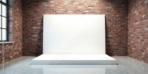 Blank canvas on a white platform in a room with exposed brick walls and a window