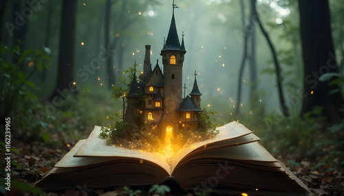 magical castle emerges from open book in mystical forest, surrounded by glowing sparks and enchanting greenery. This scene evokes wonder and imagination