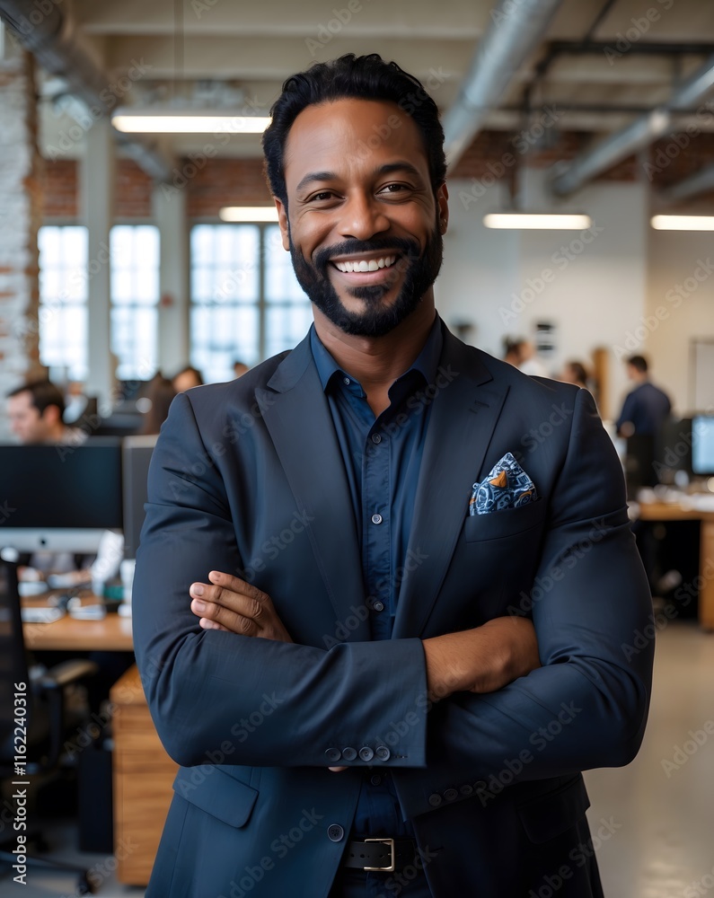 Portrait Of Businessman In Modern Open Plan Office With Business Team Working In Background. AI Generative. Portrait Of Businessman In Modern Open Plan Office With Business Team Working In Background. AI Generative.