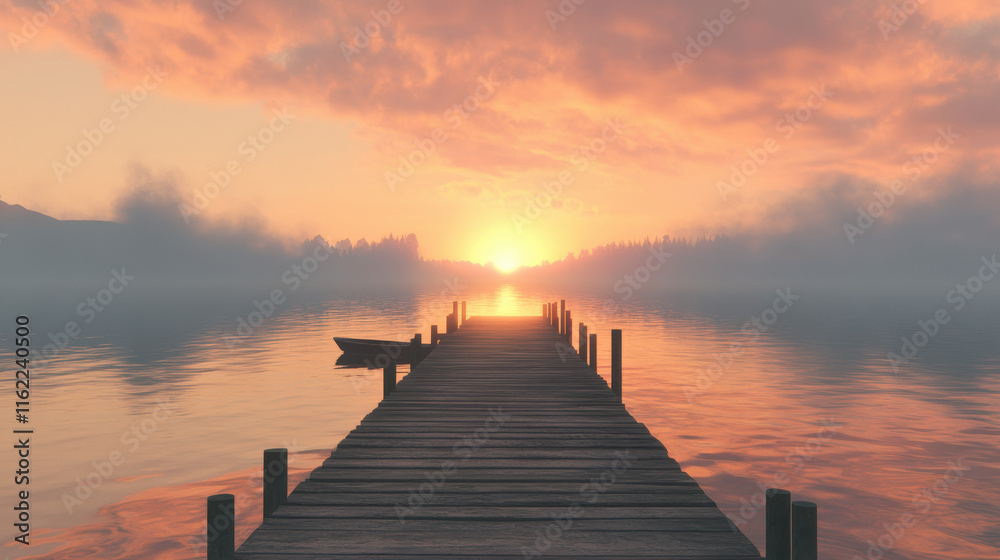 Obraz premium A serene wooden pier at sunrise, vibrant orange and pink hues reflecting on the calm waters, soft mist rising from the horizon