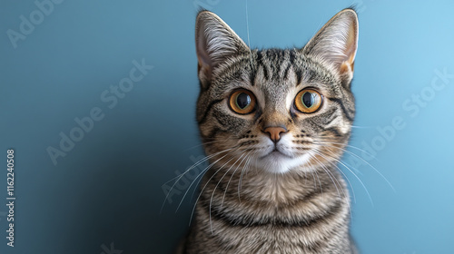 striped tabby cat with bright eyes sitting against blue background