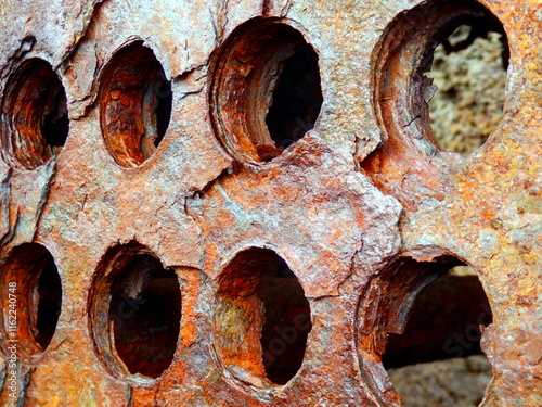 Close up of holes in a rusted perforated metal plate
 photo