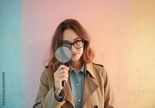 Candid portrait of woman holding magnifying glass, wearing glasses and beige coat, against colorful background. She exudes curiosity and confidence