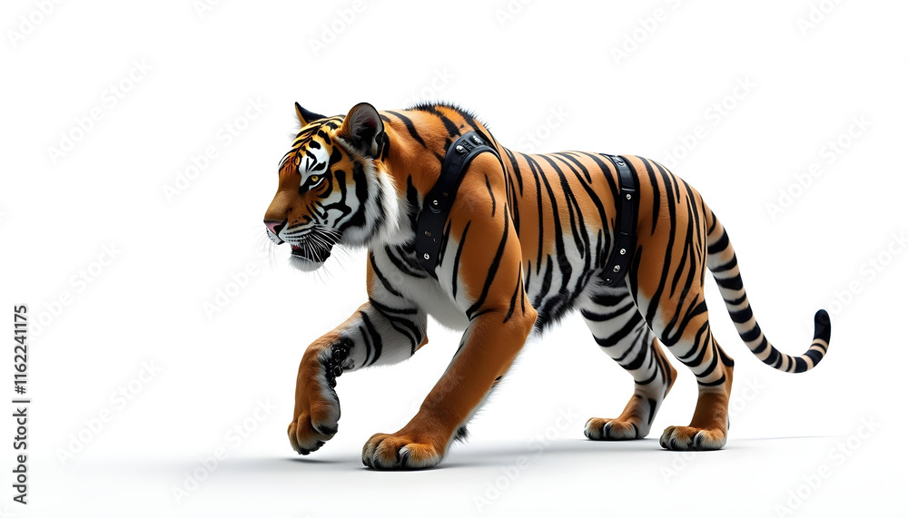 Obraz premium realistic tiger walking confidently, showcasing its striking orange and black stripes, adorned with harness. image captures majestic beauty and power of this wild animal