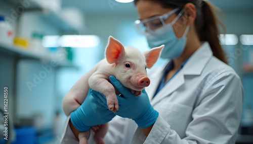 veterinarian in lab coat holds small piglet in clinical setting, showcasing care and professionalism. scene highlights animal welfare and veterinary practices