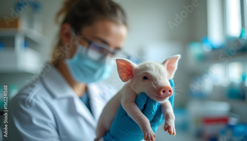 Caring veterinarian holding piglet in laboratory setting, showcasing compassion and professionalism. environment is bright and clean, emphasizing animal care