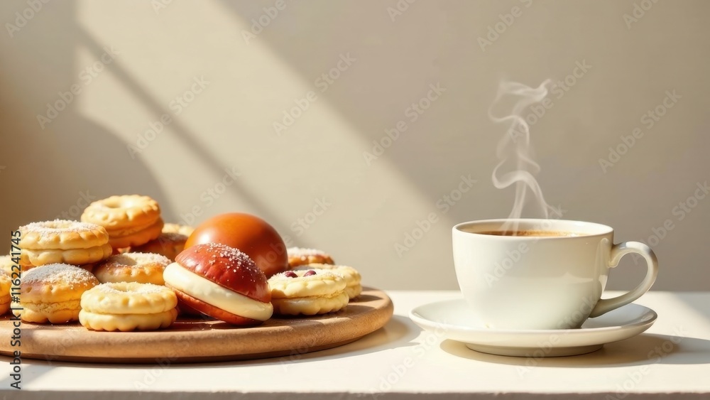 A delightful assortment of sweet pastries and a steaming cup of coffee, bathed in warm sunlight on a wooden tray, creating a perfect morning scene A delightful assortment of sweet pastries and a steaming cup of coffee, bathed in warm sunlight on a wooden tray, creating a perfect morning scene