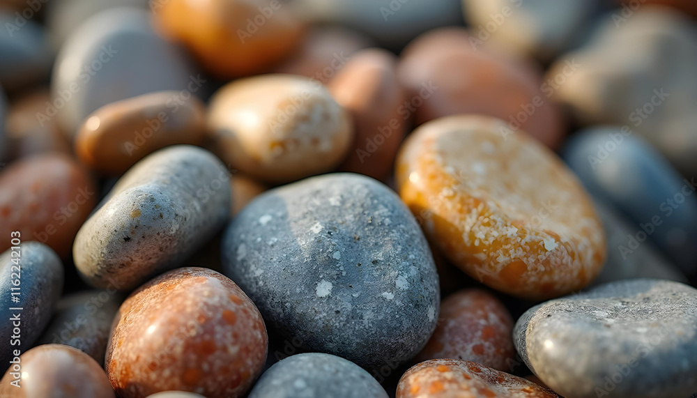 Smooth pebbles in various colors and textures create natural, serene background. arrangement showcases beauty of nature design, perfect for calming visuals Smooth pebbles in various colors and textures create natural, serene background. arrangement showcases beauty of nature design, perfect for calming visuals