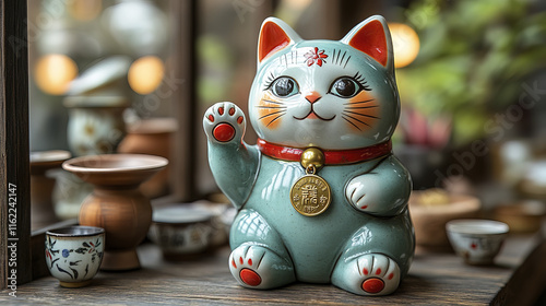 Wallpaper Mural charming lucky cat figurine with raised paw and coin, symbolizing good fortune Torontodigital.ca
