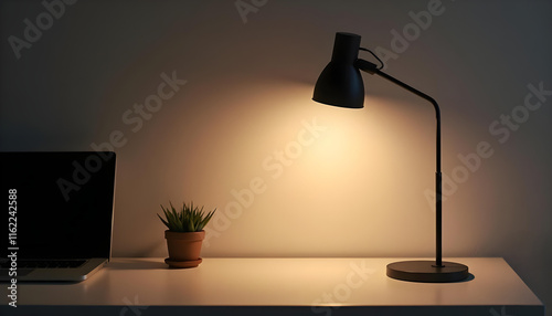 modern desk lamp illuminates workspace with small potted plant and laptop. warm light creates cozy atmosphere, perfect for productivity and relaxation