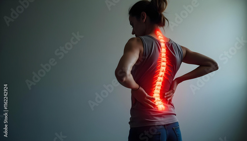 woman experiencing back pain with glowing spine illustration. image highlights importance of spinal health and wellness