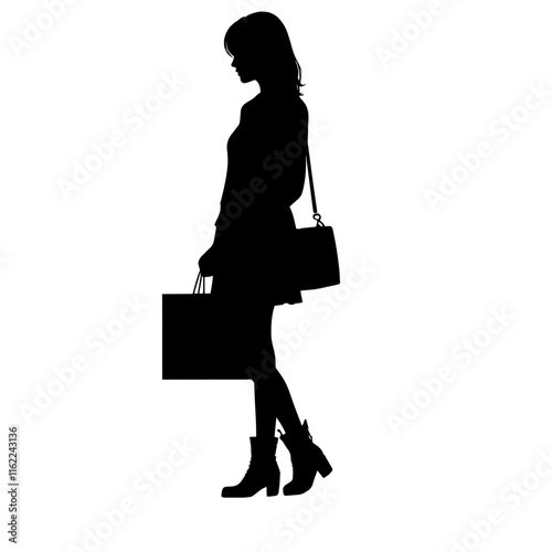 Black silhouette of a woman in profile holding two shopping bags.Retail advertisements, shopping promotions, consumer behavior studies, or branding for fashion or lifestyle blogs.Consumer culture in m
