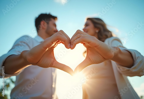 couple forms heart shape with their hands against bright sky, symbolizing love and connection. warm sunlight enhances romantic atmosphere