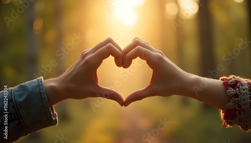 Hands forming heart shape in sunlit forest, symbolizing love and connection. warm light enhances emotional atmosphere of moment photo