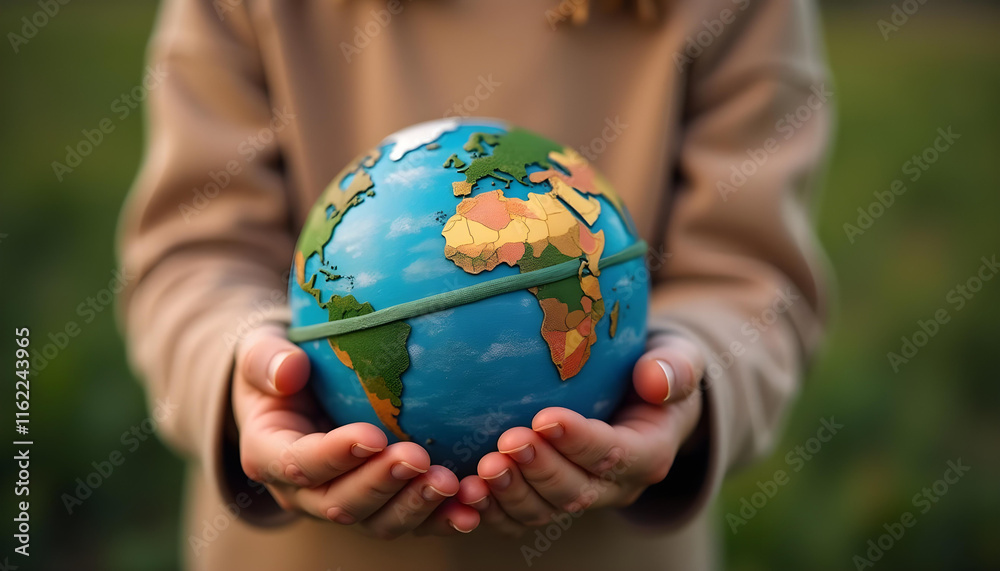 person holding colorful globe representing Earth, symbolizing global awareness and environmental care. vibrant colors highlight different continents and oceans