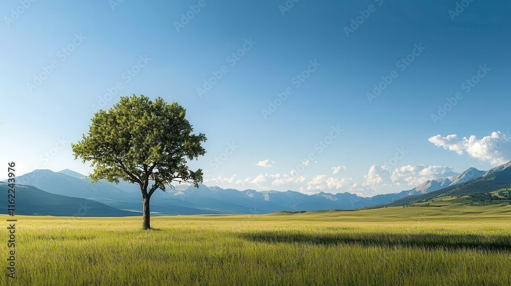 Obraz premium A solitary tree stands in a vast green field under a clear blue sky, with distant mountains creating a serene landscape.