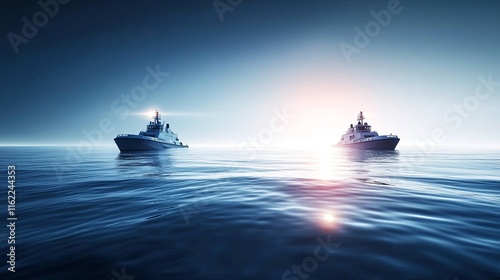 Rescue Boats Patrol Serene Waters at Dusk, Searchlights Active, Life-Saving Equipment Ready for Swift Response, Ensuring Operational Efficiency and Readiness photo