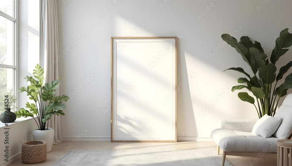 bright and airy living room featuring large empty frame, indoor plants, and cozy white sofa. natural light enhances serene atmosphere, perfect for relaxation bright and airy living room featuring large empty frame, indoor plants, and cozy white sofa. natural light enhances serene atmosphere, perfect for relaxation
