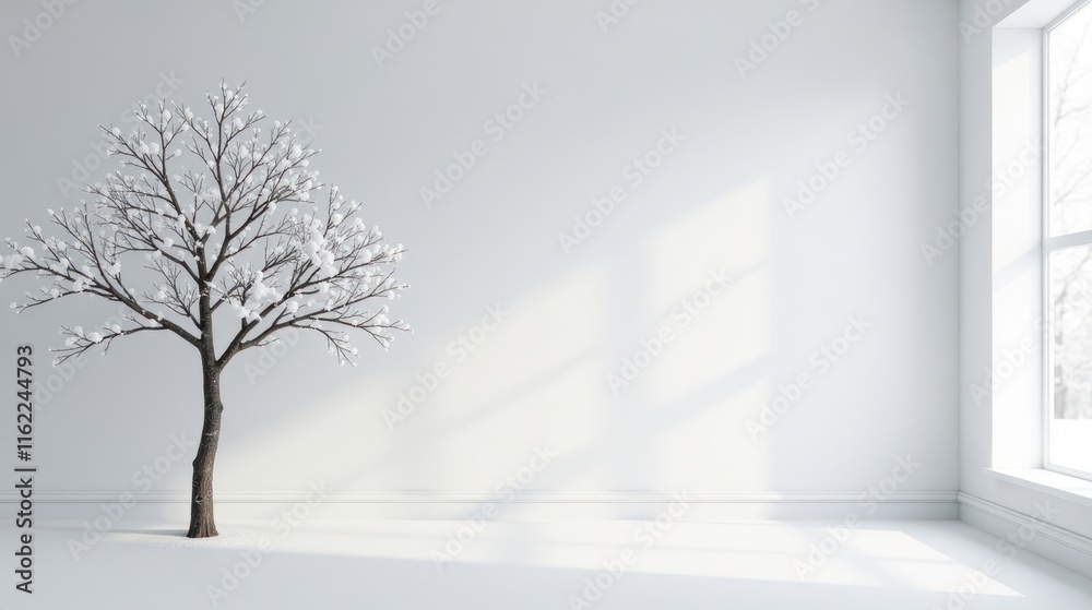 Fototapeta premium Winter Scene Minimalist Room with Snow-Covered Tree and Sunlight Streaming Through Window
