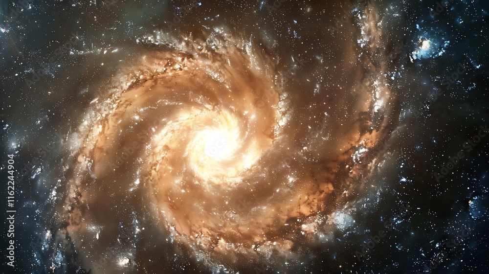 Fototapeta premium Detailed spiral galaxy, bright core, dark arms, centered in deep space, cinematic style, high resolution.