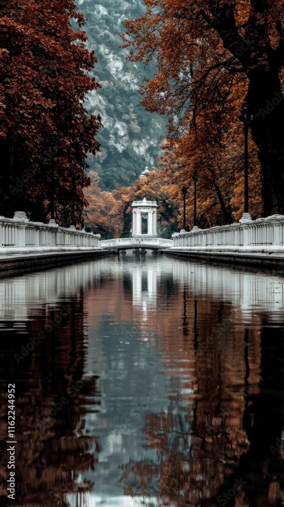 Fototapeta premium Serene Autumn Canal with Bridge and Trees Reflection