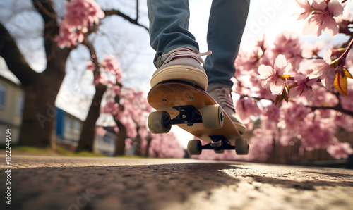 Close-up view of skateboarding street ride.