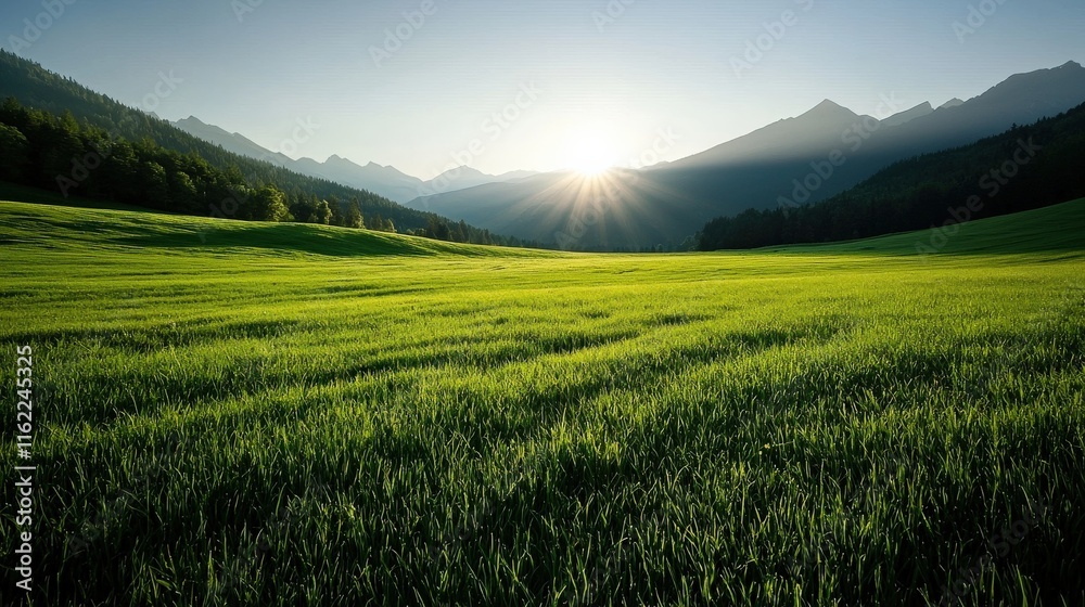 Obraz premium A serene landscape featuring lush green grass, mountains in the background, and a beautiful sunrise illuminating the scene.
