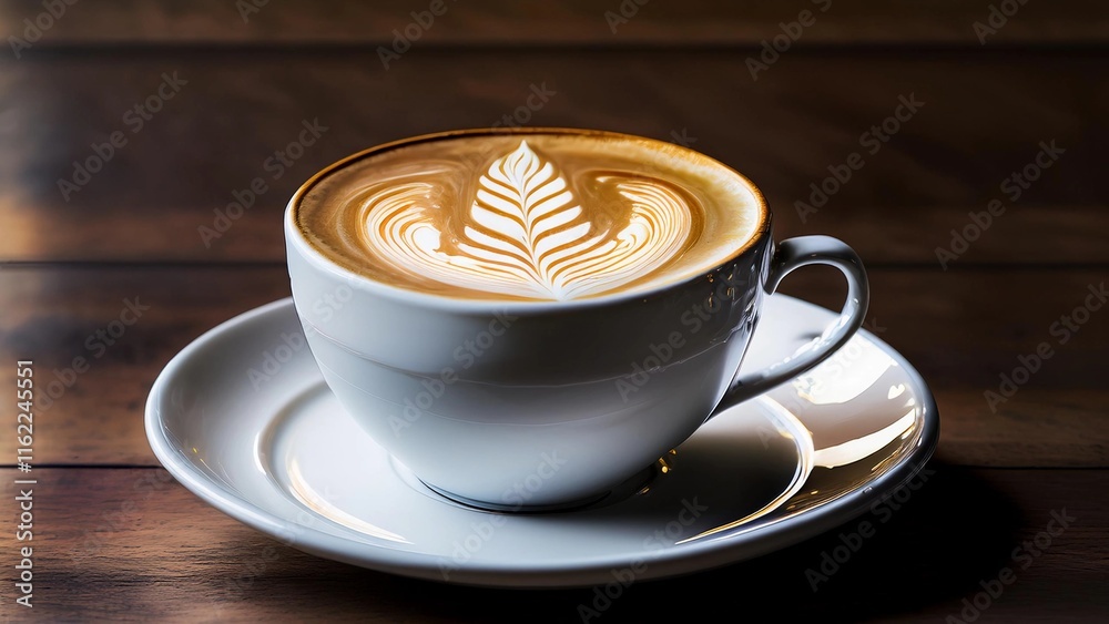 Close up white coffee cup with heart shape latte art foam on black wood table near window with light shade on tabletop at cafe. Close up white coffee cup with heart shape latte art foam on black wood table near window with light shade on tabletop at cafe.