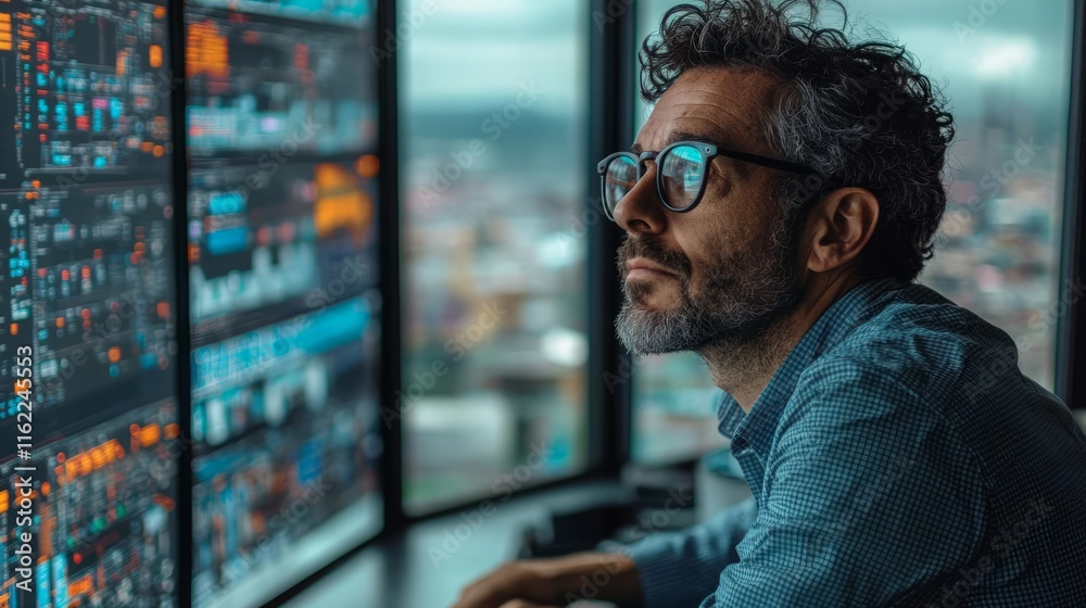 green energy eco-friendly transition. Analyst Studying Data on Multiple Screens in Office green energy eco-friendly transition. Analyst Studying Data on Multiple Screens in Office