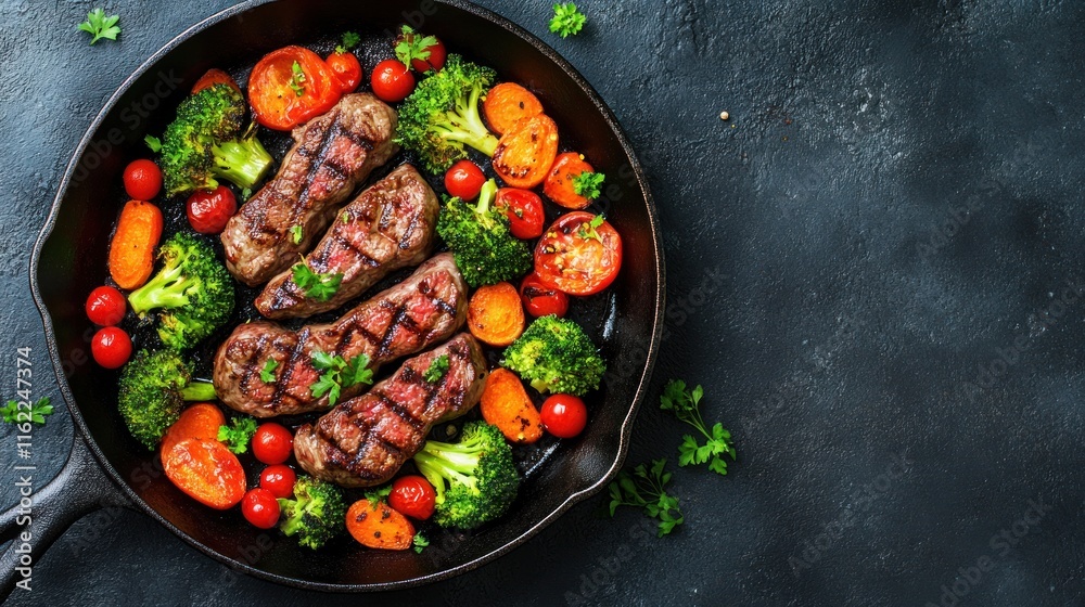 Grilled Steak and Roasted Vegetables in Cast Iron Skillet Grilled Steak and Roasted Vegetables in Cast Iron Skillet