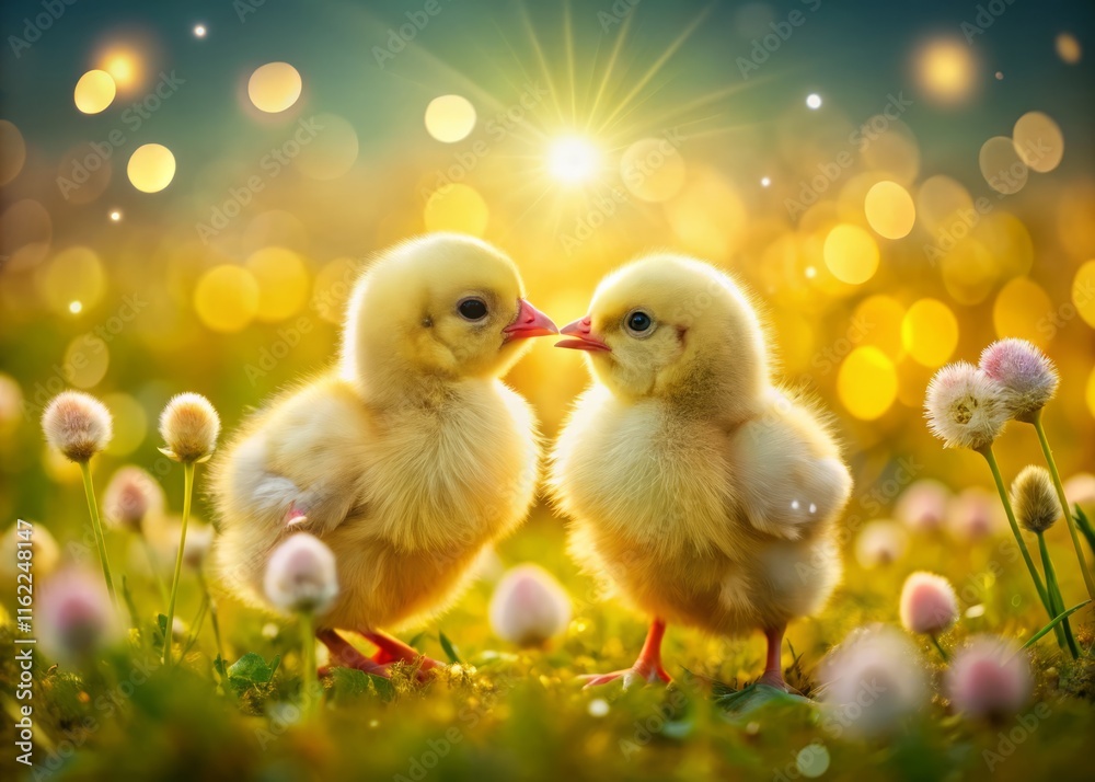 Adorable Yellow Chicks in Vibrant Dandelion Meadow - Double Exposure Stock Photo Adorable Yellow Chicks in Vibrant Dandelion Meadow - Double Exposure Stock Photo