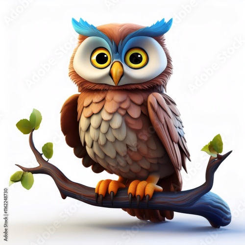 Cartoon owl perching on leafy branch, featuring large yellow eyes, blue brows, brown plumage against white background photo