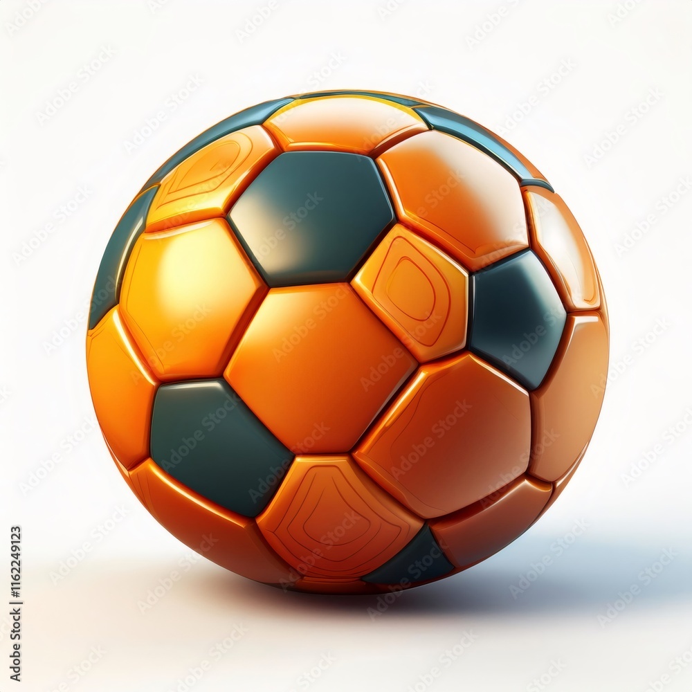 Fototapeta premium Shiny orange and black soccer ball standing on white background, perfect for sports concepts