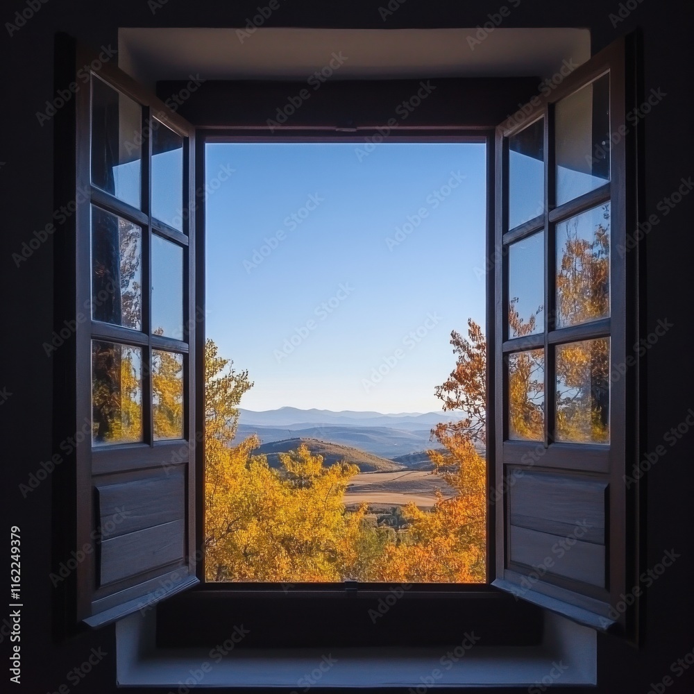 Fototapeta premium A stunning autumn view from an open window, showcasing vibrant foliage and distant mountains.