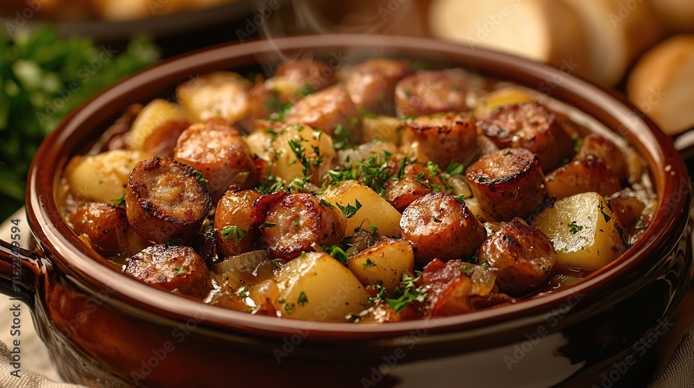traditional irish coddle in a ceramic pot