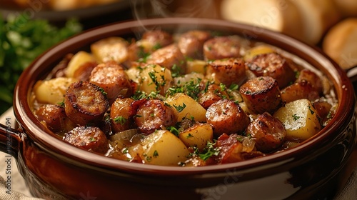 traditional irish coddle in a ceramic pot
