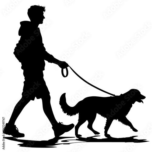 Silhouette of a man walking a dog on a leash, wearing a hoodie and shorts.Bond between humans and pets.Pet care campaigns, outdoor activity promotions, healthy lifestyle visuals, or advertisements for