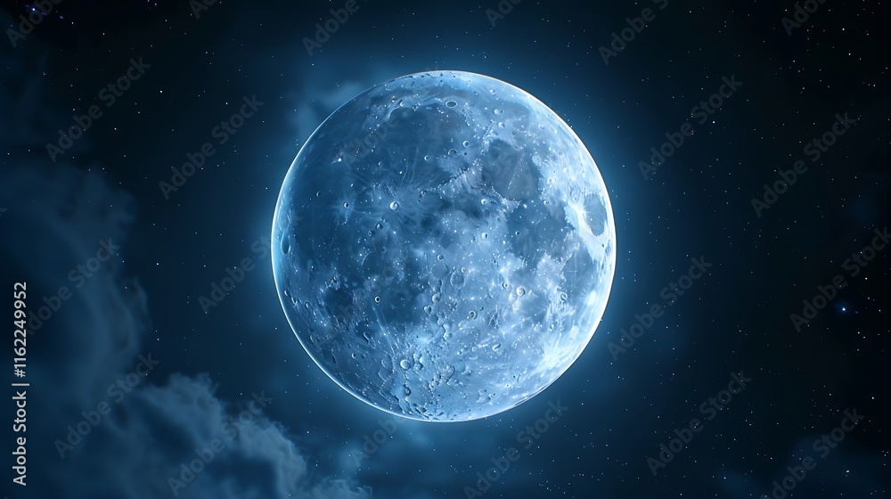 Fototapeta premium A bright full moon illuminates the night sky, surrounded by soft clouds.